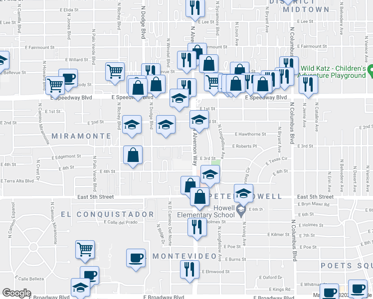map of restaurants, bars, coffee shops, grocery stores, and more near 835 North Alvernon Way in Tucson