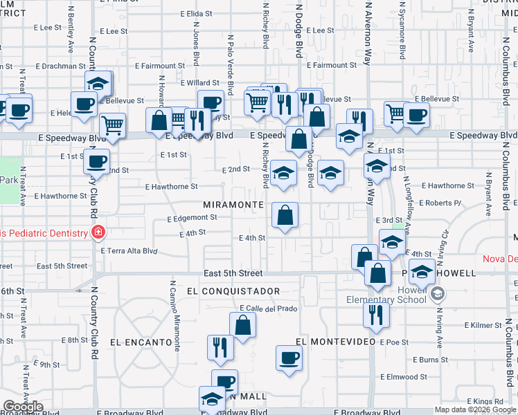 map of restaurants, bars, coffee shops, grocery stores, and more near 806 North Richey Boulevard in Tucson
