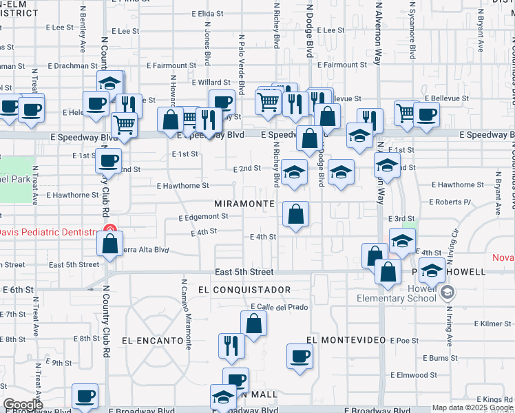 map of restaurants, bars, coffee shops, grocery stores, and more near 3520 East 3rd Street in Tucson