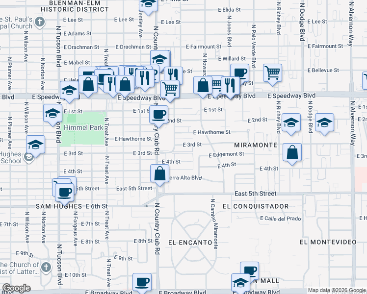map of restaurants, bars, coffee shops, grocery stores, and more near 3202 East 3rd Street in Tucson