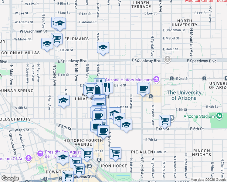 map of restaurants, bars, coffee shops, grocery stores, and more near 503 East University Boulevard in Tucson