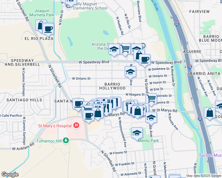 map of restaurants, bars, coffee shops, grocery stores, and more near 1406 West Niagara Street in Tucson