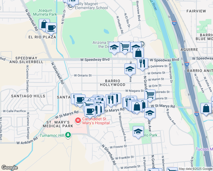 map of restaurants, bars, coffee shops, grocery stores, and more near 1406 West Niagara Street in Tucson