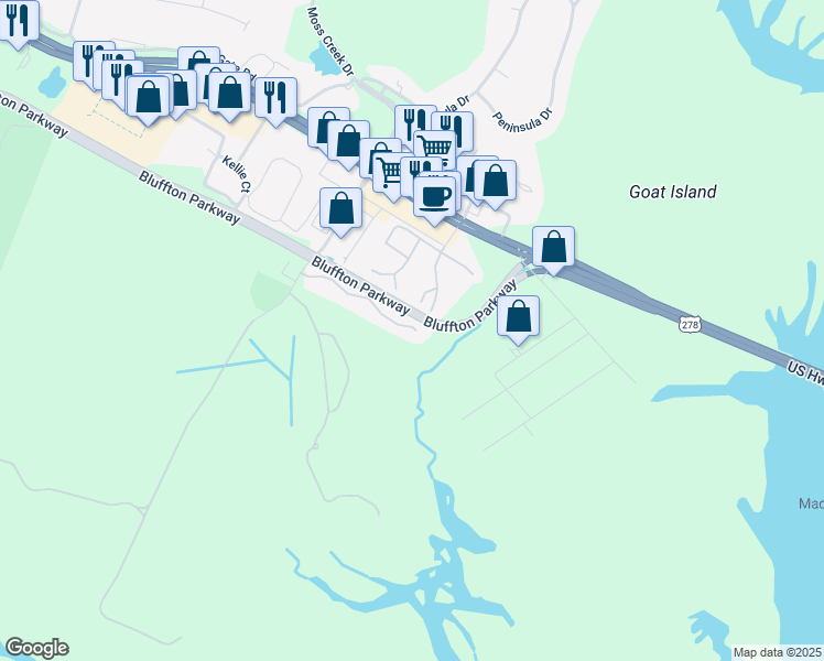 map of restaurants, bars, coffee shops, grocery stores, and more near 30 Old South Court in Bluffton