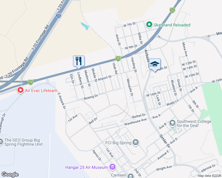 map of restaurants, bars, coffee shops, grocery stores, and more near 1301-1399 Wright Street in Big Spring