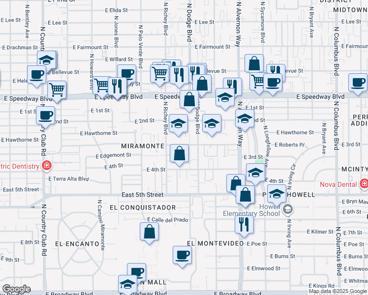 map of restaurants, bars, coffee shops, grocery stores, and more near 3660 East 3rd Street in Tucson