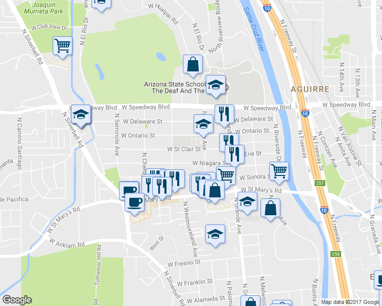 map of restaurants, bars, coffee shops, grocery stores, and more near 1313 W St Clair St in Tucson