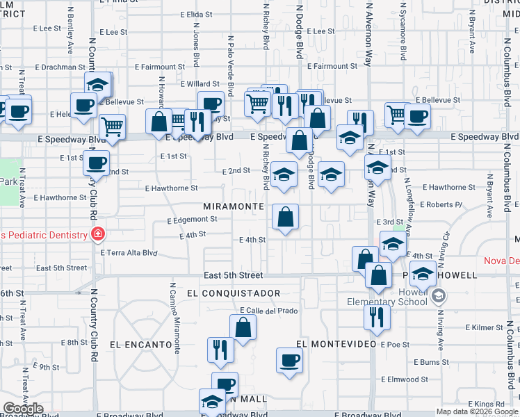 map of restaurants, bars, coffee shops, grocery stores, and more near 806 North Richey Boulevard in Tucson
