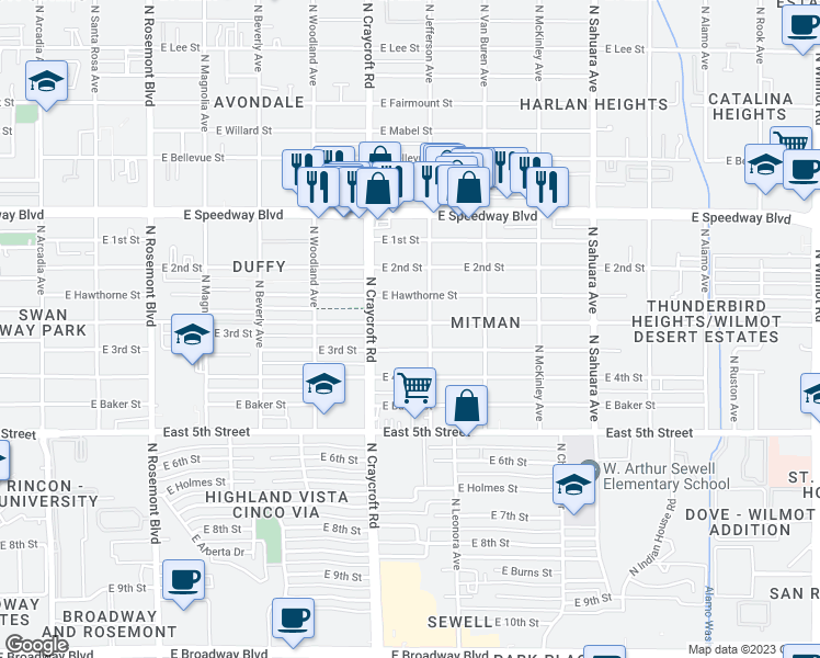 map of restaurants, bars, coffee shops, grocery stores, and more near 5520 East Rosewood Street in Tucson