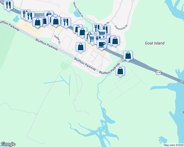 map of restaurants, bars, coffee shops, grocery stores, and more near 26 Old South Court in Bluffton