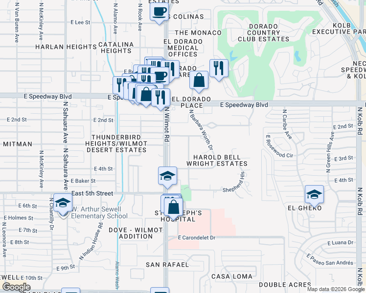 map of restaurants, bars, coffee shops, grocery stores, and more near 841 North Corinth Avenue in Tucson