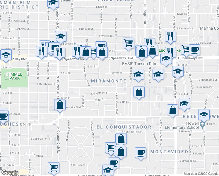 map of restaurants, bars, coffee shops, grocery stores, and more near 3473 East Edgemont Street in Tucson
