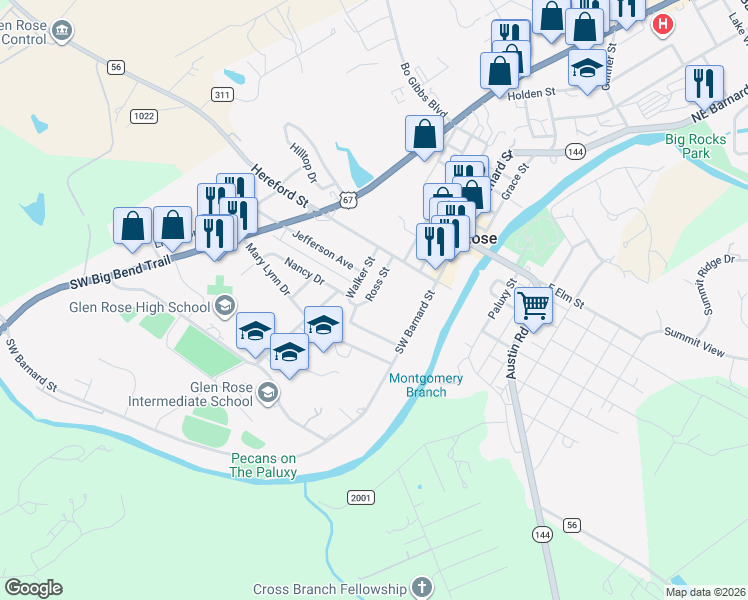 map of restaurants, bars, coffee shops, grocery stores, and more near 306 Mission Street in Glen Rose