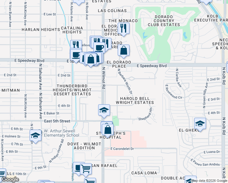 map of restaurants, bars, coffee shops, grocery stores, and more near 841 North Corinth Avenue in Tucson