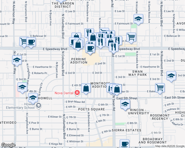 map of restaurants, bars, coffee shops, grocery stores, and more near 814 North Belvedere Avenue in Tucson