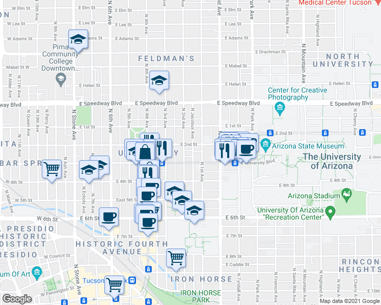 map of restaurants, bars, coffee shops, grocery stores, and more near 620 Harvill Drive in Tucson