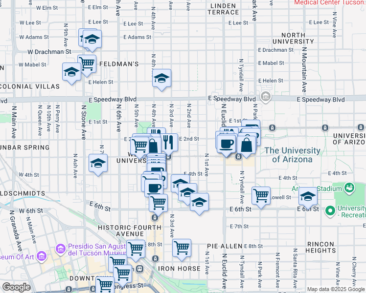 map of restaurants, bars, coffee shops, grocery stores, and more near 620 Harvill Drive in Tucson