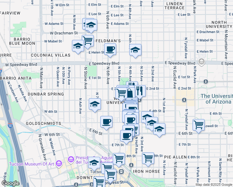 map of restaurants, bars, coffee shops, grocery stores, and more near 305 East University Boulevard in Tucson