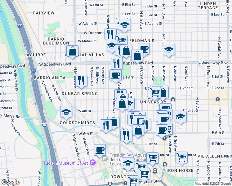 map of restaurants, bars, coffee shops, grocery stores, and more near 828 North 9th Avenue in Tucson