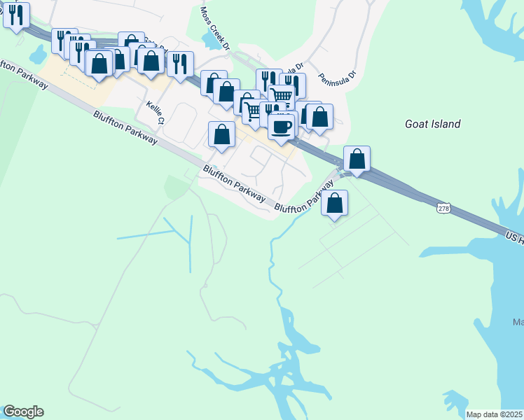 map of restaurants, bars, coffee shops, grocery stores, and more near 30 Old South Court in Bluffton