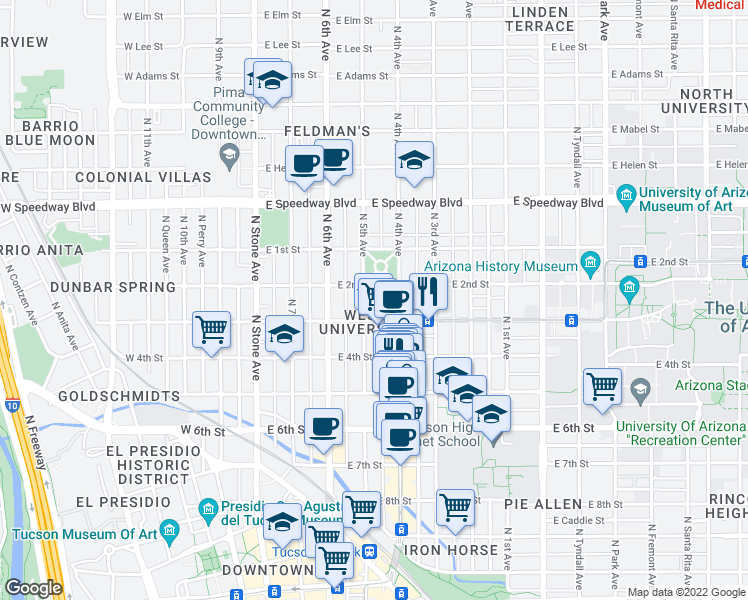 map of restaurants, bars, coffee shops, grocery stores, and more near 826 N 5th Ave in Tucson