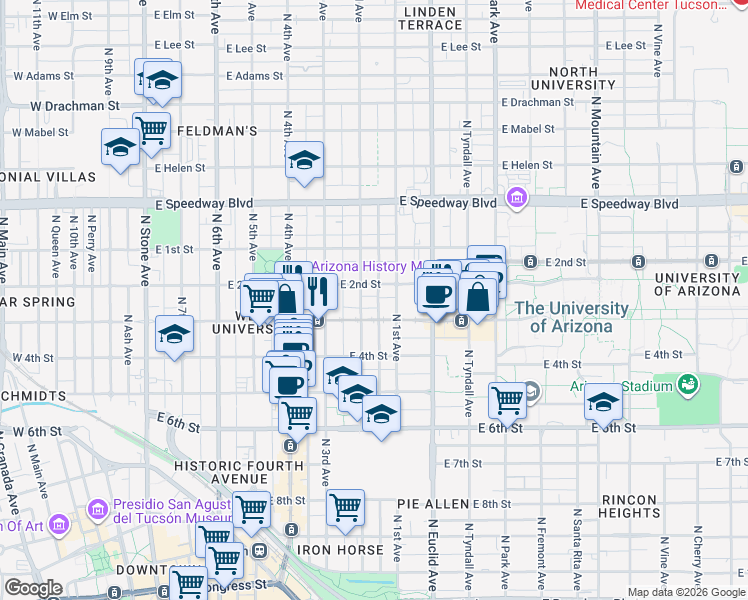 map of restaurants, bars, coffee shops, grocery stores, and more near 620 Harvill Drive in Tucson