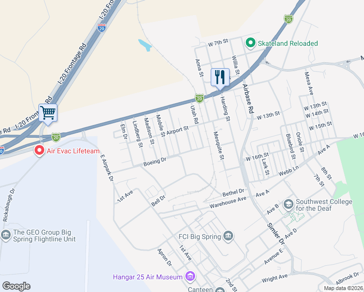 map of restaurants, bars, coffee shops, grocery stores, and more near 1301-1399 Wright Street in Big Spring