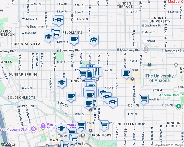 map of restaurants, bars, coffee shops, grocery stores, and more near 415 East University Boulevard in Tucson