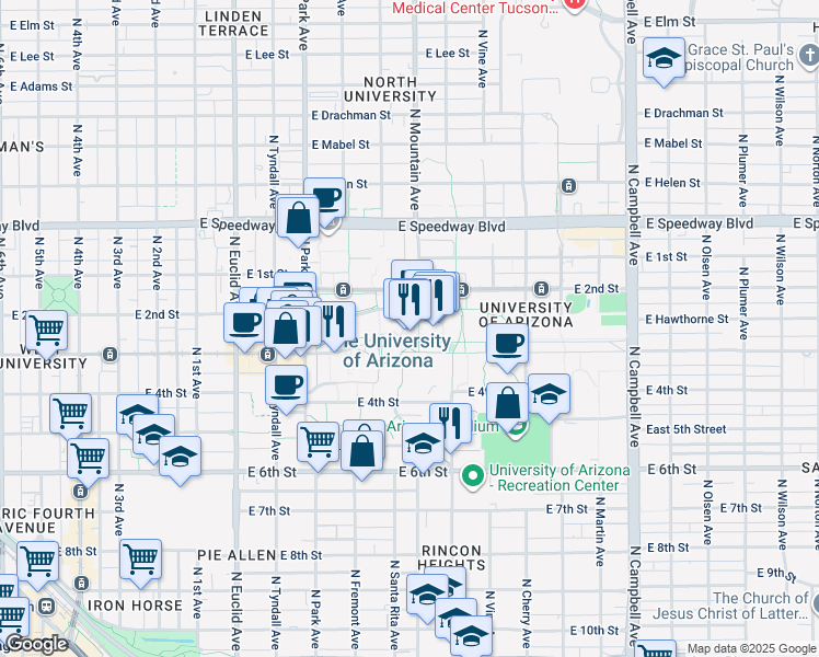 map of restaurants, bars, coffee shops, grocery stores, and more near East University Boulevard in Tucson