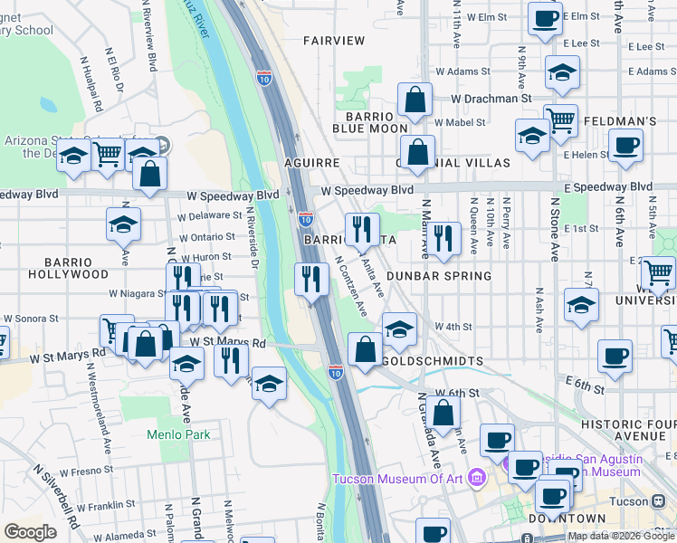 map of restaurants, bars, coffee shops, grocery stores, and more near 855 North Contzen Avenue in Tucson