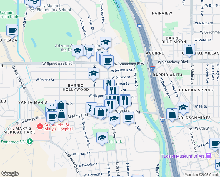 map of restaurants, bars, coffee shops, grocery stores, and more near 747 North Grande Avenue in Tucson