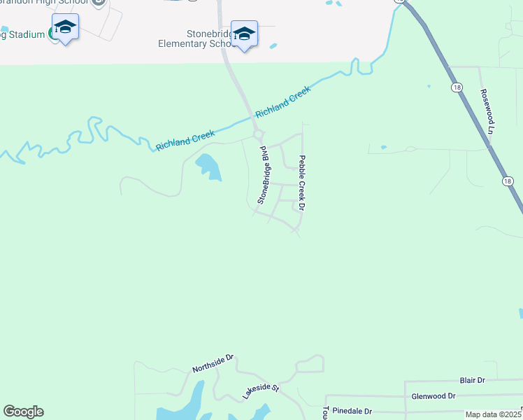 map of restaurants, bars, coffee shops, grocery stores, and more near 245 Stonebridge Boulevard in Brandon