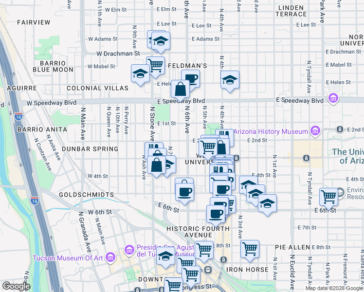 map of restaurants, bars, coffee shops, grocery stores, and more near 835 North 6th Avenue in Tucson