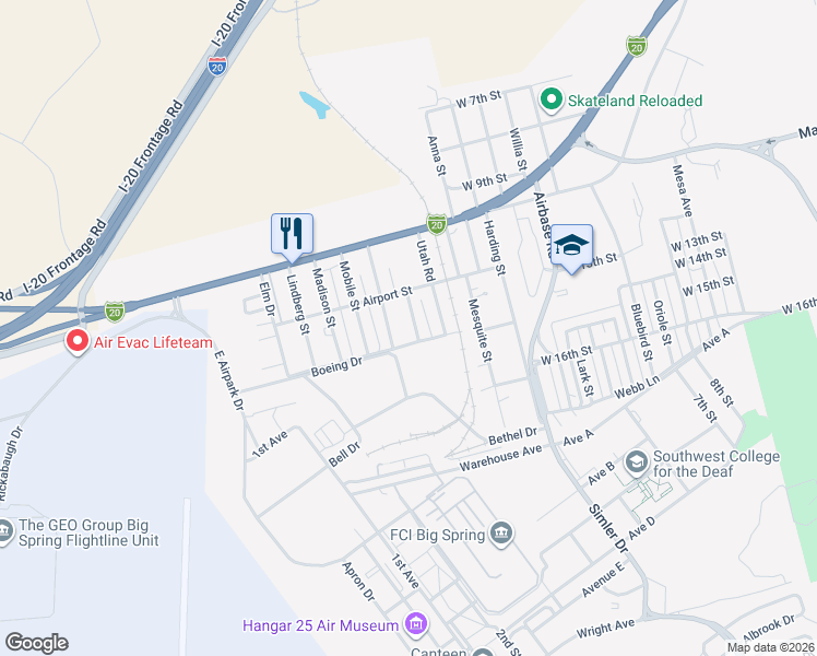 map of restaurants, bars, coffee shops, grocery stores, and more near 1301-1399 Wright Street in Big Spring