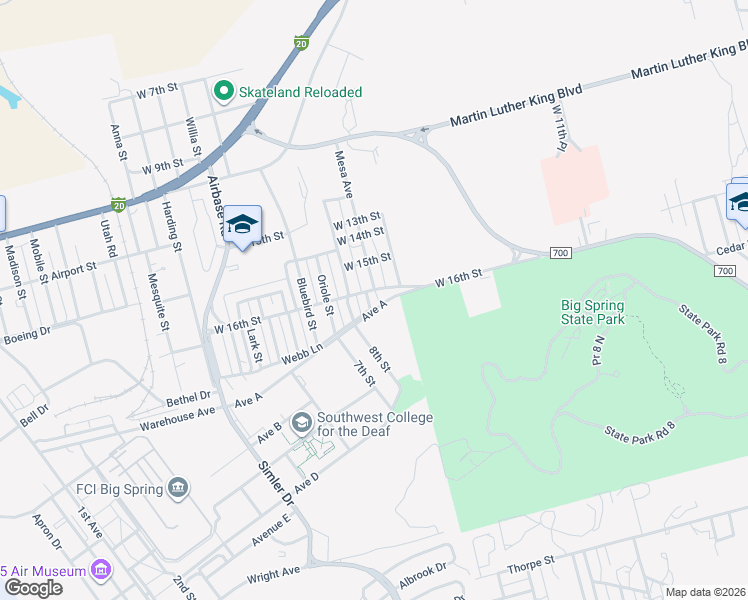 map of restaurants, bars, coffee shops, grocery stores, and more near Ave A in Big Spring