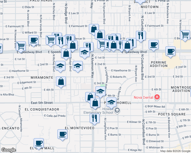 map of restaurants, bars, coffee shops, grocery stores, and more near 809 North Montezuma Avenue in Tucson