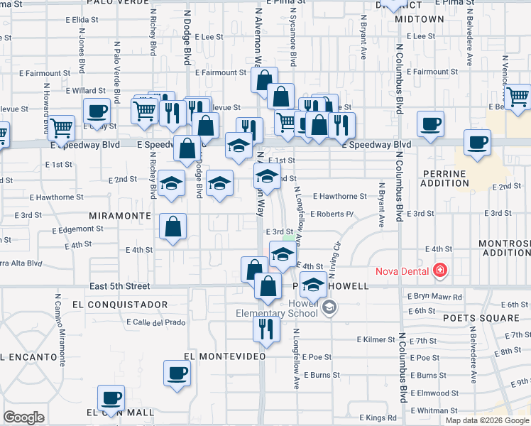 map of restaurants, bars, coffee shops, grocery stores, and more near 835 North Alvernon Way in Tucson