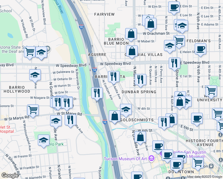 map of restaurants, bars, coffee shops, grocery stores, and more near 801 North Anita Avenue in Tucson