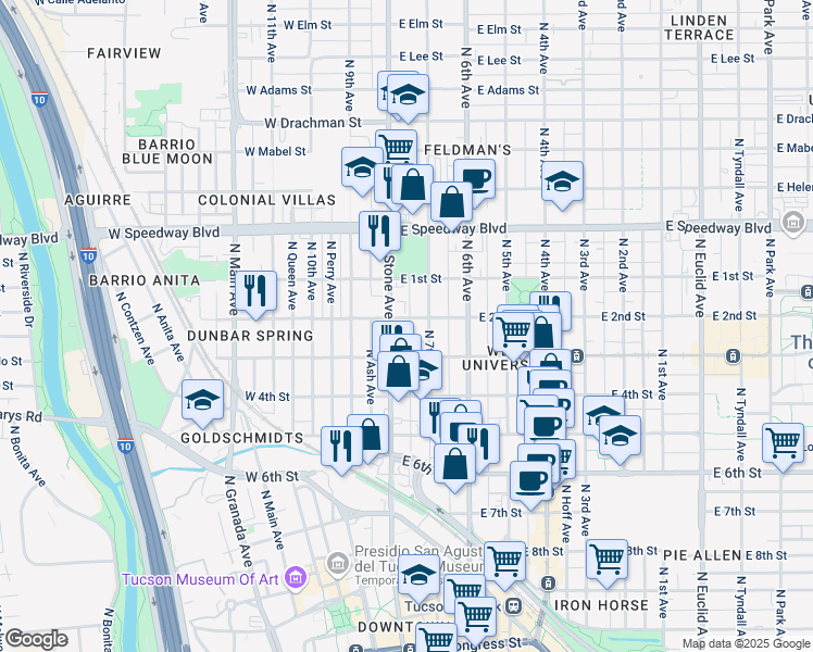 map of restaurants, bars, coffee shops, grocery stores, and more near 20 East 2nd Street in Tucson