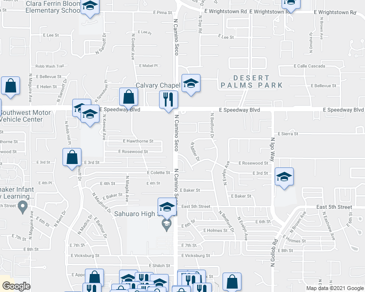 map of restaurants, bars, coffee shops, grocery stores, and more near 830 North Crescent Lane in Tucson