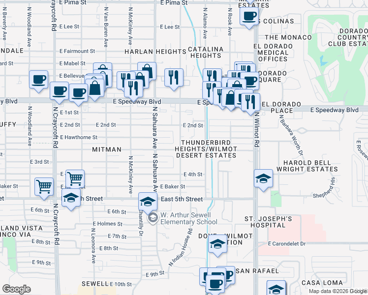 map of restaurants, bars, coffee shops, grocery stores, and more near 6030 East Rosewood Street in Tucson
