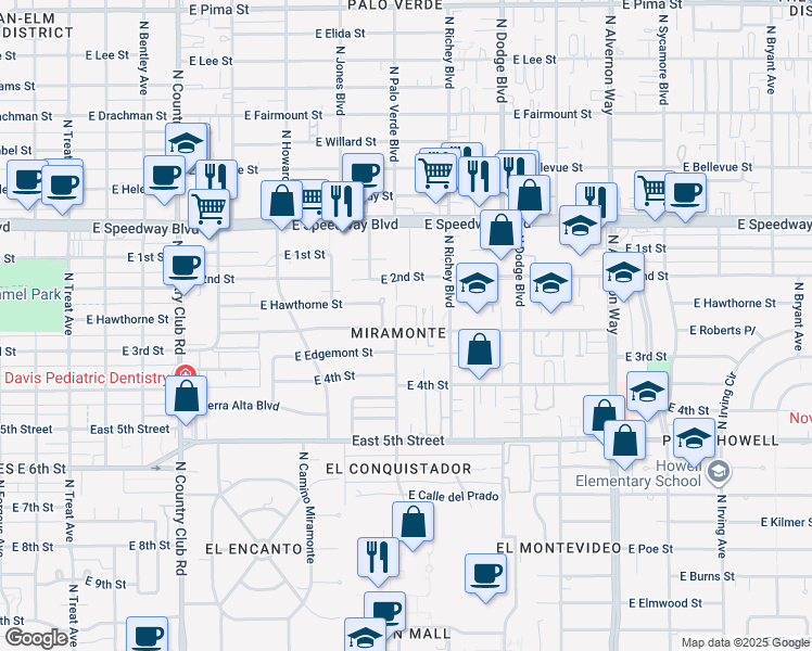 map of restaurants, bars, coffee shops, grocery stores, and more near 3520 East 3rd Street in Tucson