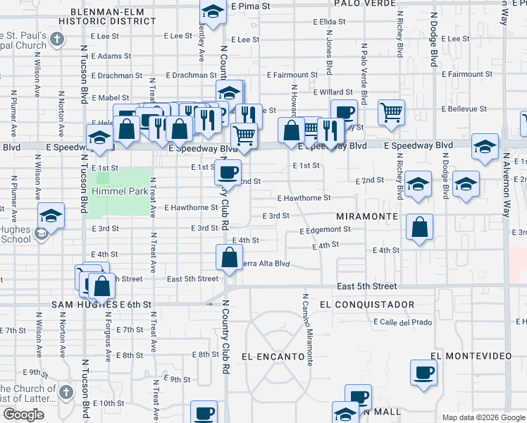 map of restaurants, bars, coffee shops, grocery stores, and more near 3202 East 3rd Street in Tucson