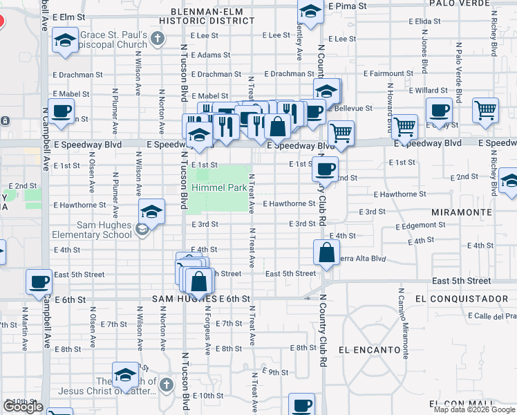 map of restaurants, bars, coffee shops, grocery stores, and more near 2801 East 3rd Street in Tucson