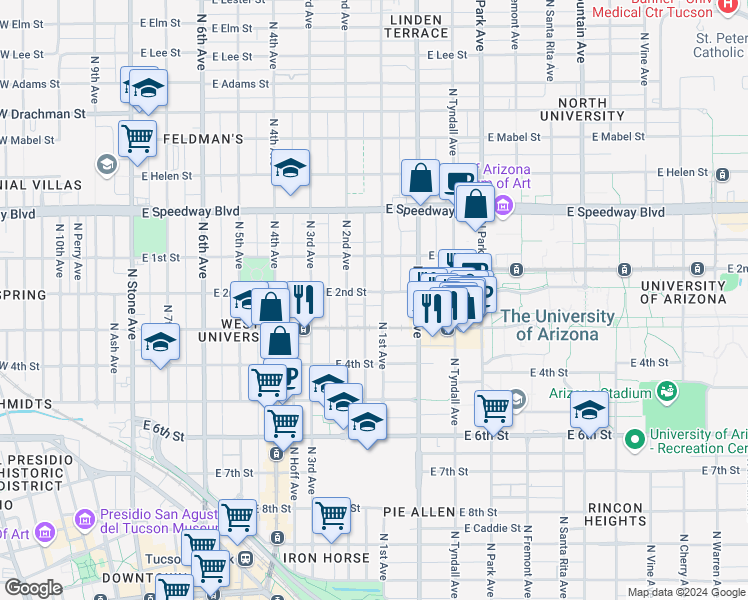 map of restaurants, bars, coffee shops, grocery stores, and more near 703 East University Boulevard in Tucson