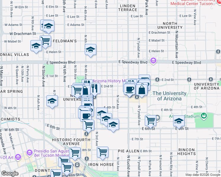 map of restaurants, bars, coffee shops, grocery stores, and more near 620 Harvill Drive in Tucson
