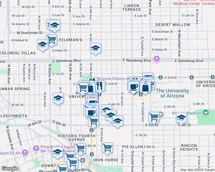 map of restaurants, bars, coffee shops, grocery stores, and more near 620 Harvill Drive in Tucson