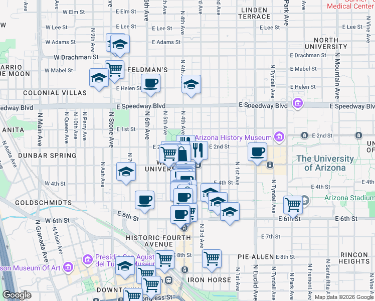 map of restaurants, bars, coffee shops, grocery stores, and more near 415 East University Boulevard in Tucson