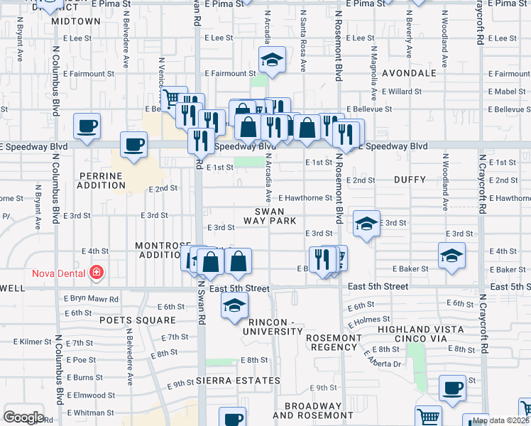 map of restaurants, bars, coffee shops, grocery stores, and more near 4849 East 3rd Street in Tucson
