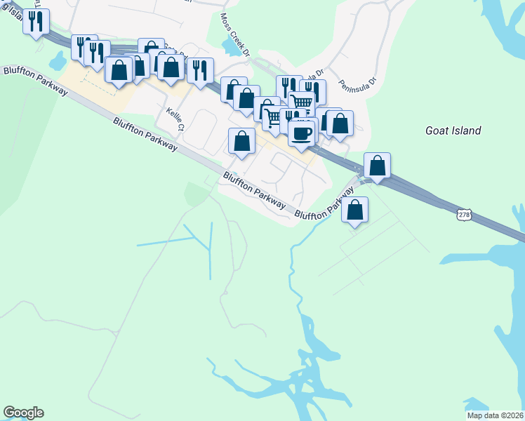 map of restaurants, bars, coffee shops, grocery stores, and more near 22 Old South Court in Bluffton